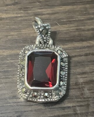 Sterling Silver Rectangle Halo Red Cz And Marcasite Pendant , No Chain.