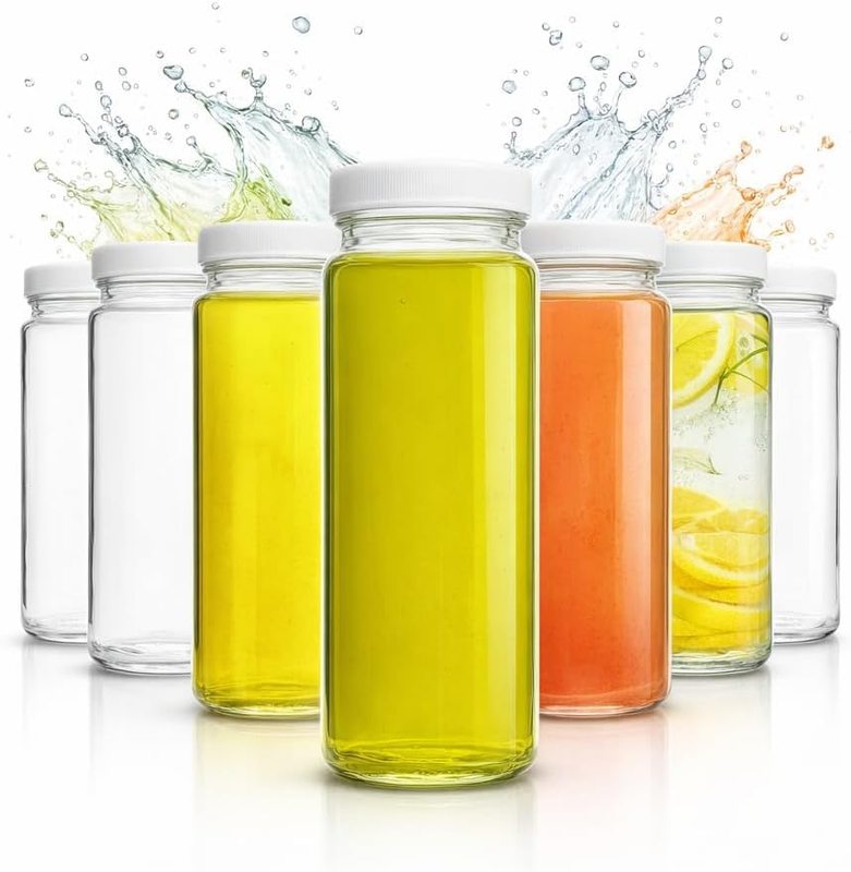 Glass Bottle, 6 Pack, 16Oz Reusable Juice Bottles with Leak Proof Airtight Lids