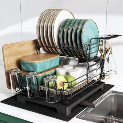 Dish Drying Rack for Kitchen Counter, Stainless Steel Large Dish Drainers, Black
