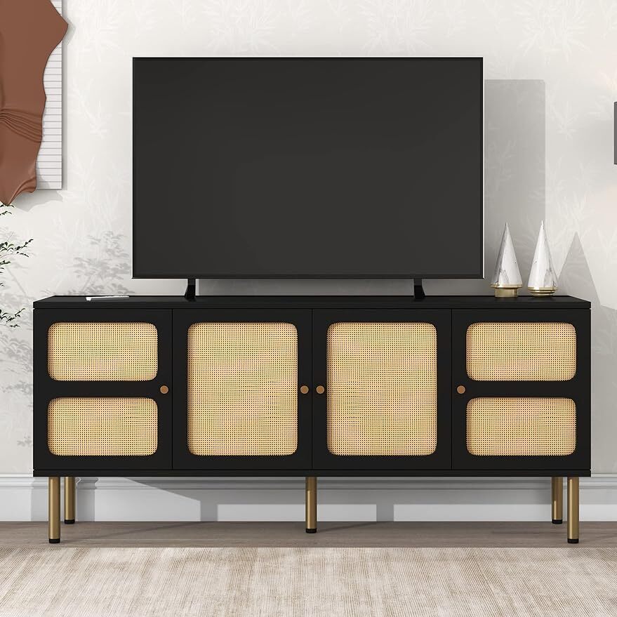 With Rattan Door, Woven Media Console Table For Up To 70'',