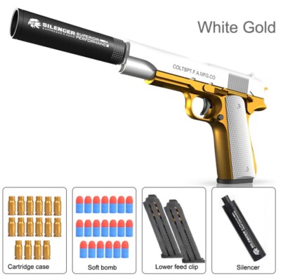 Toy Gun + Soft Bullets &Shell Ejecting 2Magazine Realistic GOLD/WHITE 1911