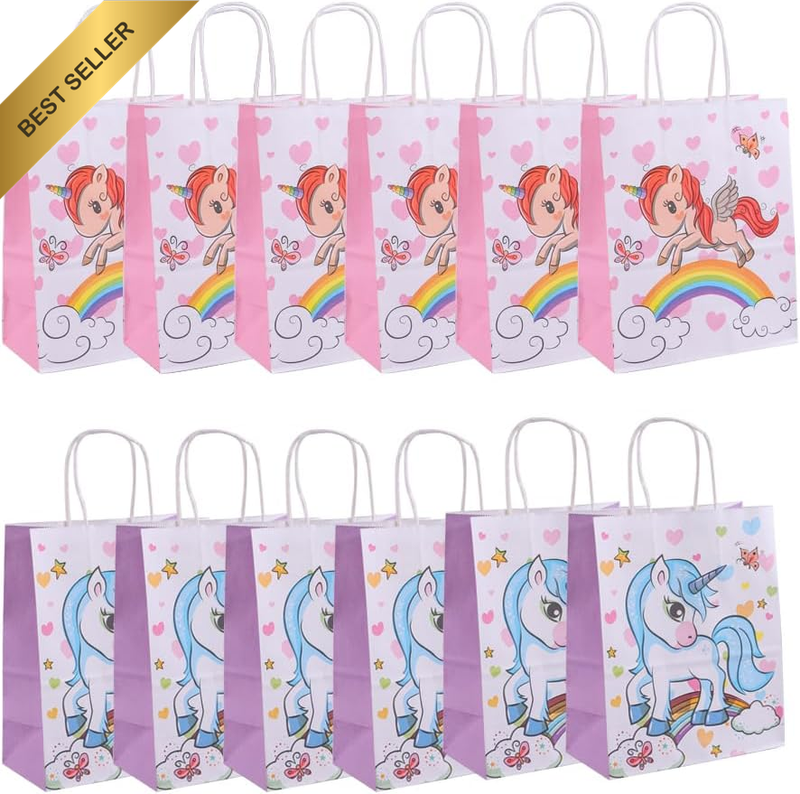 12 Pcs Alicorn Party Gift Bags - Pink & Purple Kraft Paper Bags with Handles for