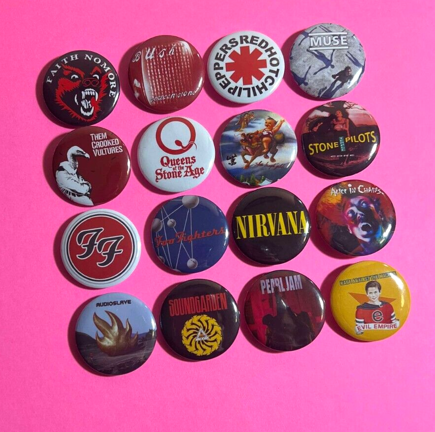 Alternative + Grunge Rock 1.25" Button Pin Lot of (16) Nirvana Foo Fighters RHCP