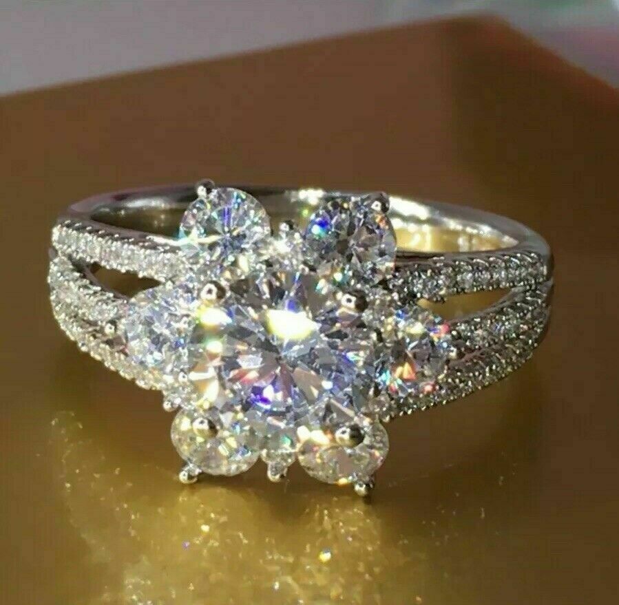 Pre-owned Natsoul Flower Design 2.5ct Diamond Ring Halo Engagement Wedding Silver Bridal Band In White