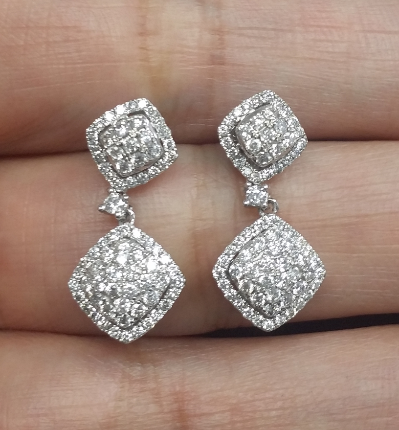 Pre-owned Handmade Deal 1.00ct Natural Round Diamond Cluster Dangle Earrings 14k White Gold 24mm