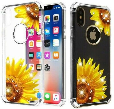 For iPhone X / XS - Hard Rubber Case Cover Spot Diamond Bling Yellow Sunflower