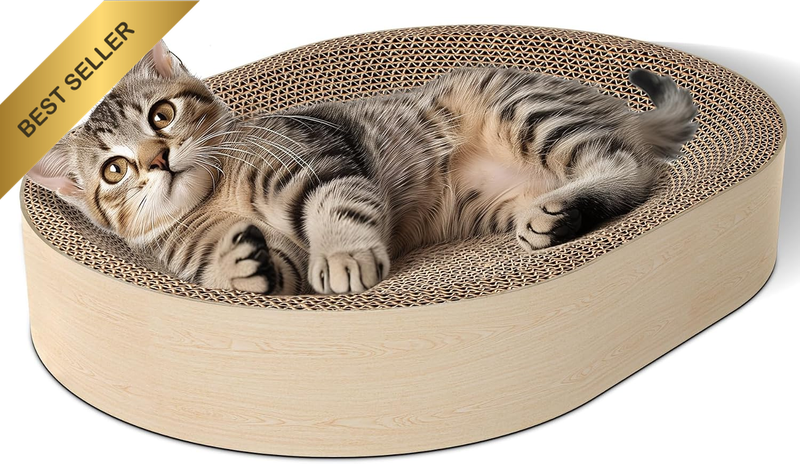 Cat Scratching Board for Indoor Cats - Cardboard Scratch Pad, Oval Scratcher Bed
