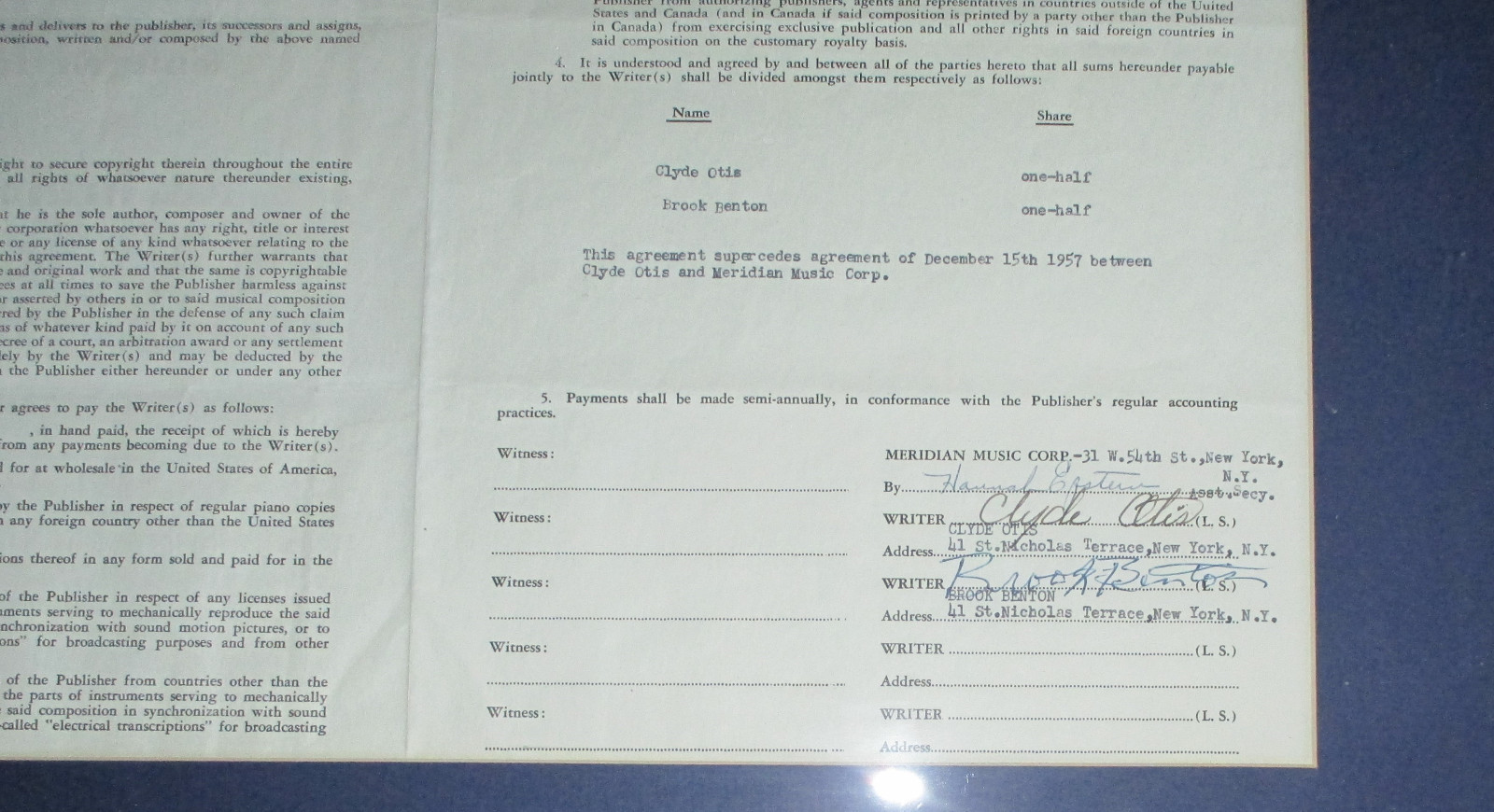 BROOK BENTON & CLYDE OTIS ORIGINAL SIGNED CONTRACT 