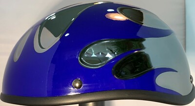 VOSS BLACK CHROME WITH BLUE FLAME BEANIE NOVELTY MOTORCYCLE HELMET SUPER LIGHT