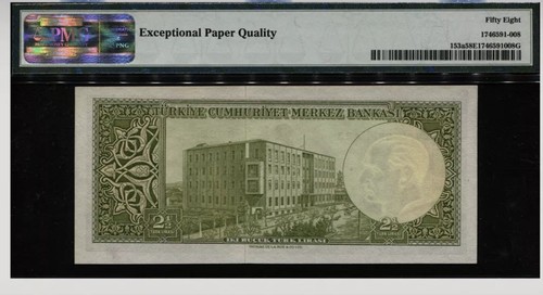 TT PK 153a 1930 TURKEY CENTRAL BANK 2 1/2 LIRA PMG 58 EPQ CHOICE ABOUT UNC!