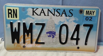 May 2002 Kansas Capital License Plate Blue on White fade base, Power Cat Purple