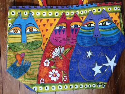 Laurel Burch Feline Friends XLarge Tote Abstract Cats Shoulder Beach Bag 20x15x7