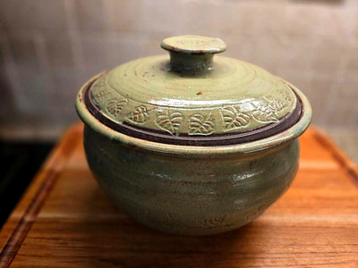 Hand Thrown Studio Pottery Covered Dish Green Brown Artist Signed Leaf Pattern