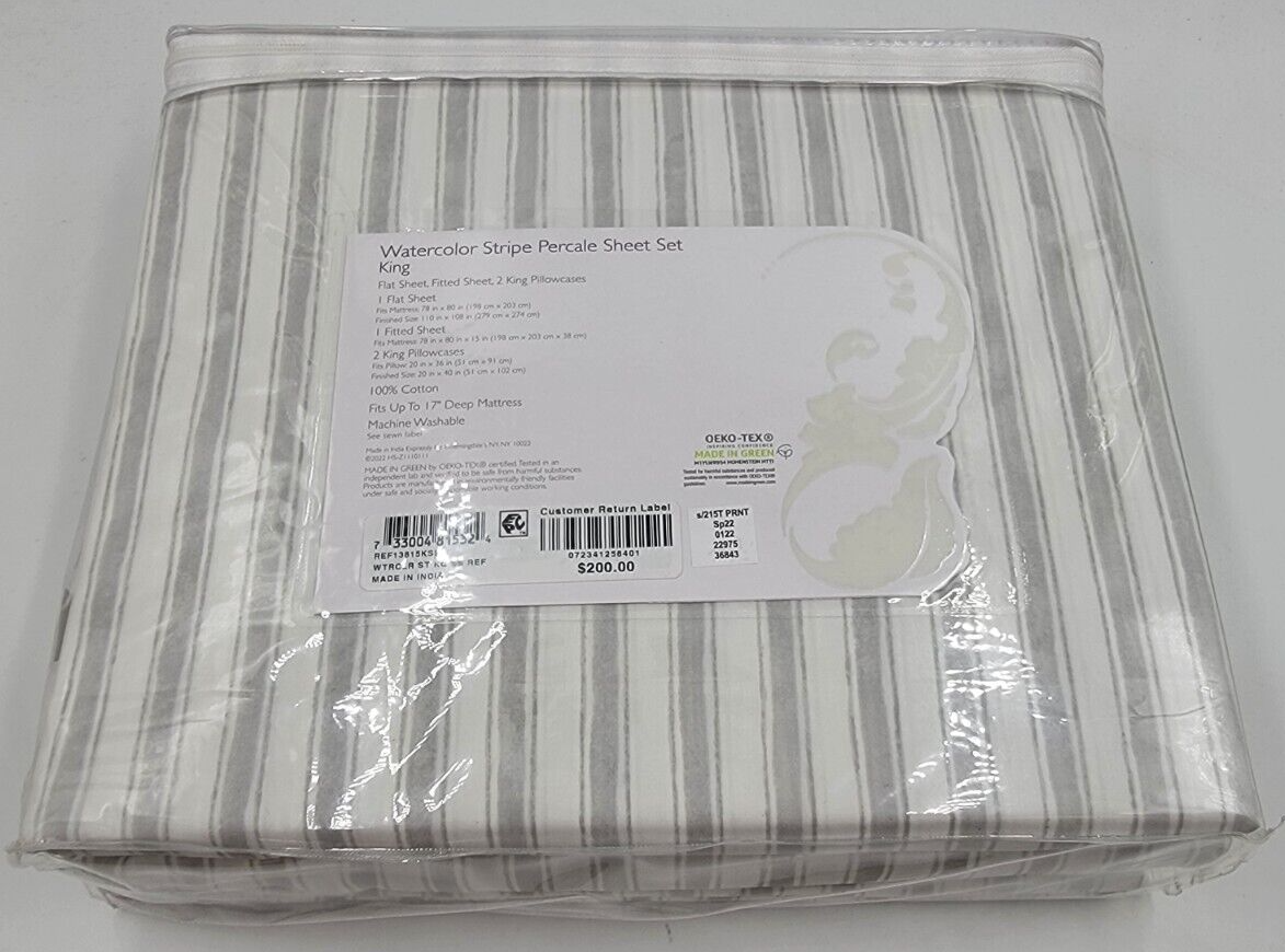 Sky Watercolor Stripe Percale Sheet King Set 78x80x15in/20x36in Reflection Blue - Picture 8 of 12
