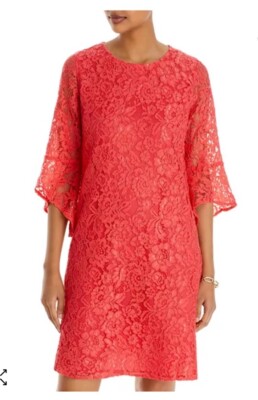 Caroline Rose XS Coral Lace Bell Sleeve Aline Party Dress Round Neck Retail $328
