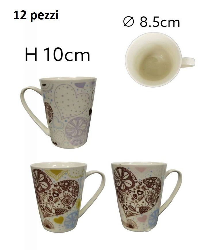 Set 12 Pezzi Tazza Ceramica Tazze Latte Colazione Jumbo Cuori bal