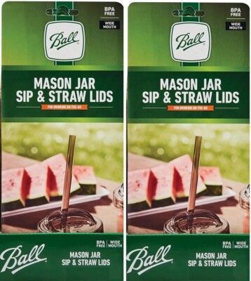 NEW Lot of 2 or Total of 4 Ball Sip/Straw Lids WIDE MOUTH Mason Jars w/FREE Ship