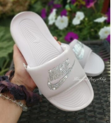 Bling Nike Victori One Slide Sandals Pink Custom with Crystal Rhinestones