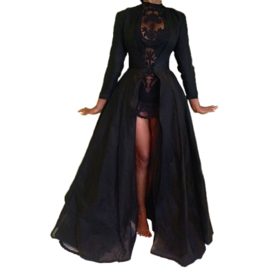 Sexy Gothic Lace High Waist Sheer Jacket Long Gown Costume Black