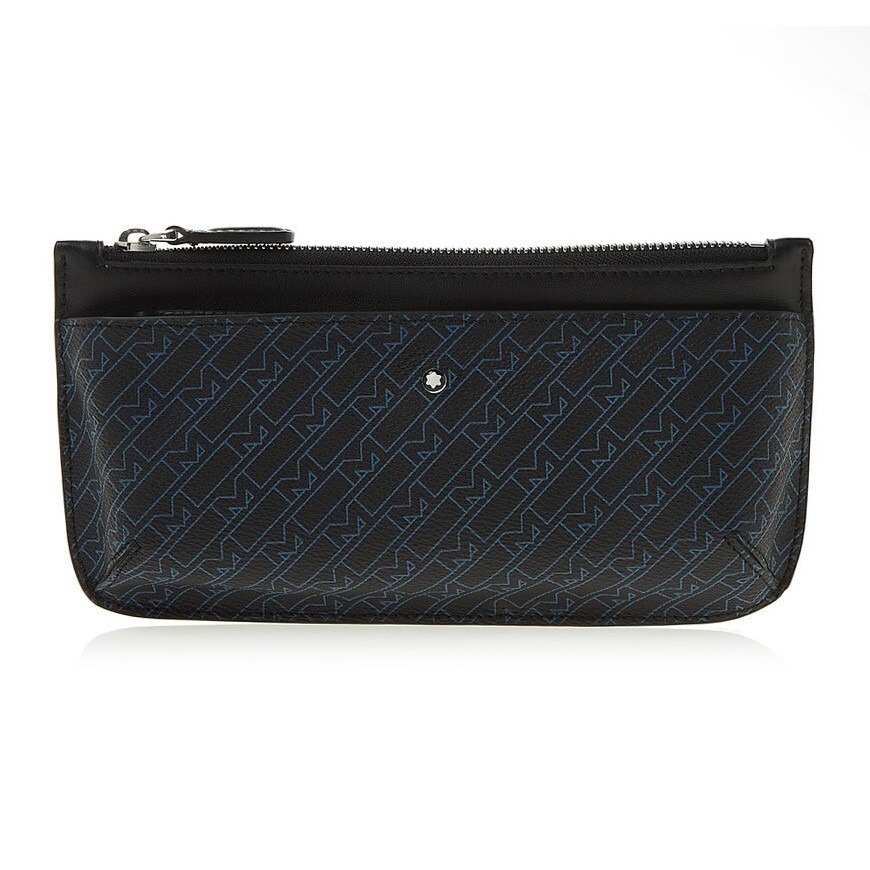 Pre-owned Montblanc Monogram Natural Leather Clutch Pouch Bag Sleeve Purse Wallet For Men In Black + Blue