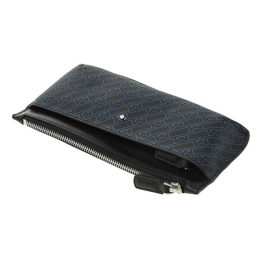 Pre-owned Montblanc Monogram Natural Leather Clutch Pouch Bag Sleeve Purse Wallet For Men In Black + Blue