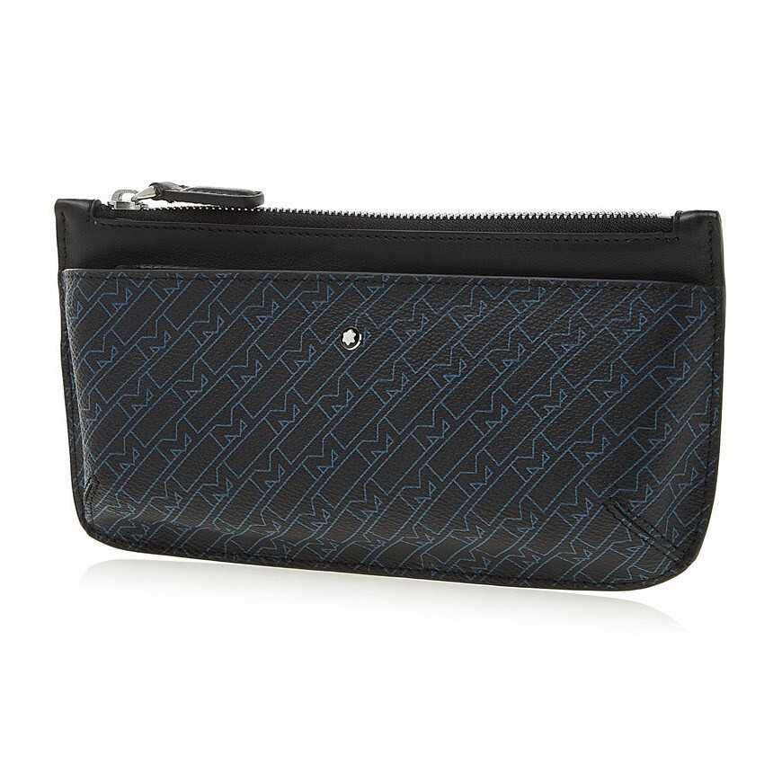 Pre-owned Montblanc Monogram Natural Leather Clutch Pouch Bag Sleeve Purse Wallet For Men In Black + Blue