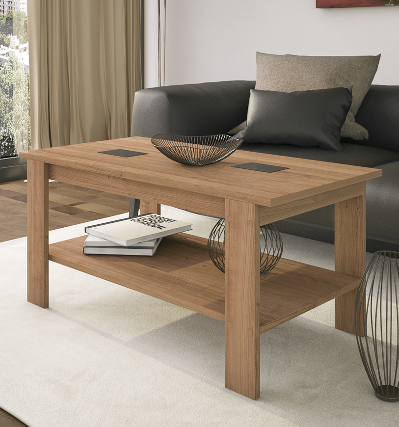 Mesa de centro Elevable color cerezo con 2 cristales contrastados en