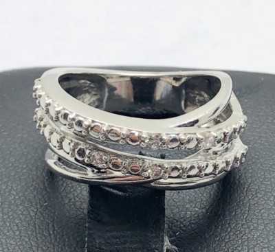 Sterling Silver 925 Floating CZ Dotted Diagnol Overlap Split Cocktail Band Ring