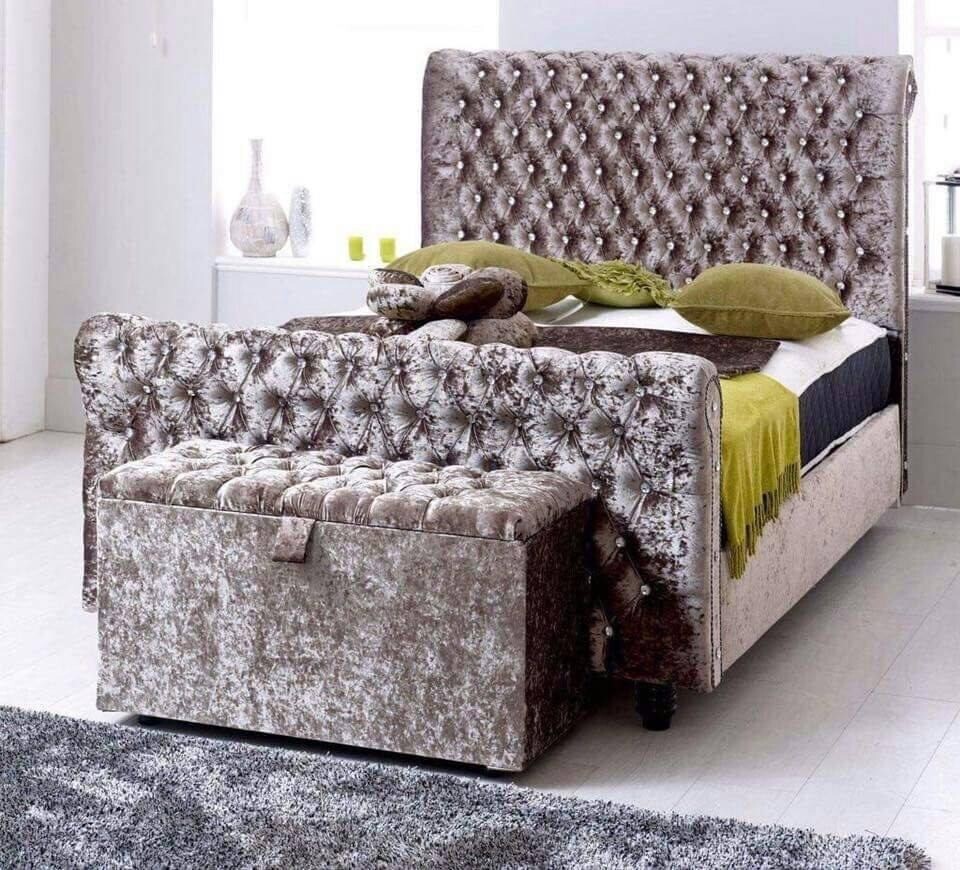 BRAND NEW MINK CRUSHED VELVET SLEIGH FRAME BED WITH OTTOMAN BOX STORAGE