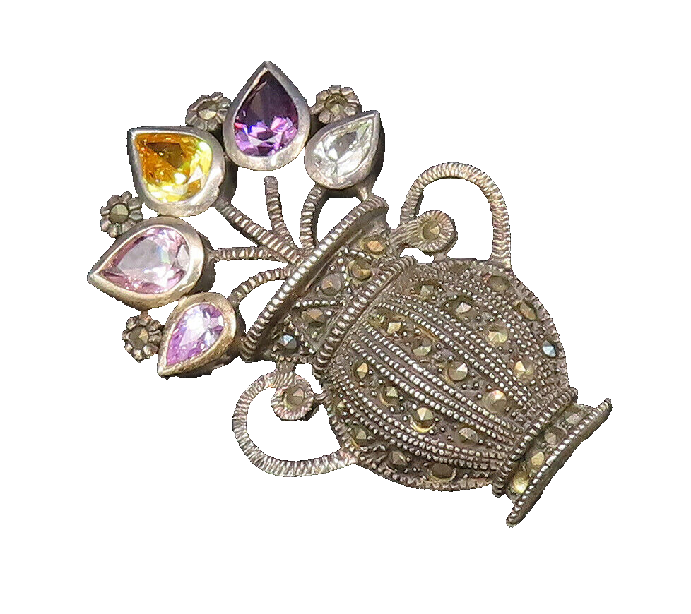 925 Silver Vintage Multi Color Topaz & Gemstones Floral
