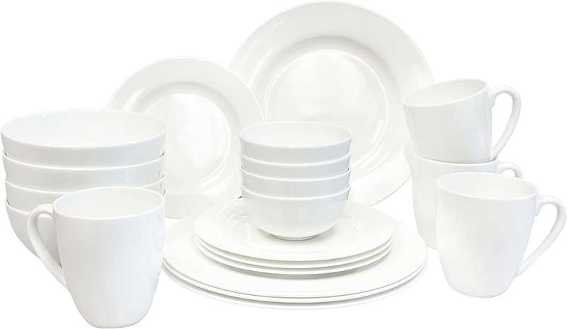 Bone China 20 Piece Dinnerware Set, Service for 4, White, Microwave Safe, Chip R