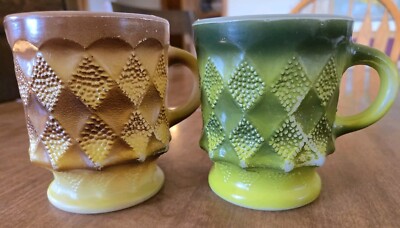 Fire King Kimberly Diamond Mug Cup Lime Green Gold Brown Lot Of 2 Free Shipping