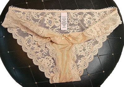 Victoria's Secret Dream Angels Silky Sparkly Gold Lace Cheekini Tanga Panties M