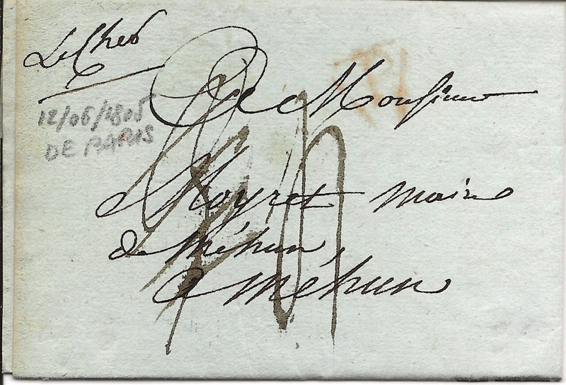 Paris - 1805 Grande Poste Pour Mehun.  Marque P Dans Un Triangle 