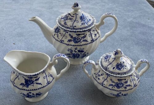 Johnson Brothers Blue and White Indies Tea Set: Teapot Creamer and Covered Sugar