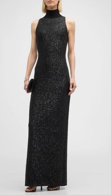 Вечернее трикотажное платье-водолазка без рукавов с блестками от St. John, черный, 4