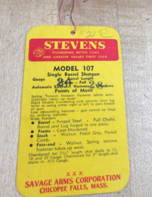 Vintage Stevens Model 197 Shotgun Hang tag (w14)