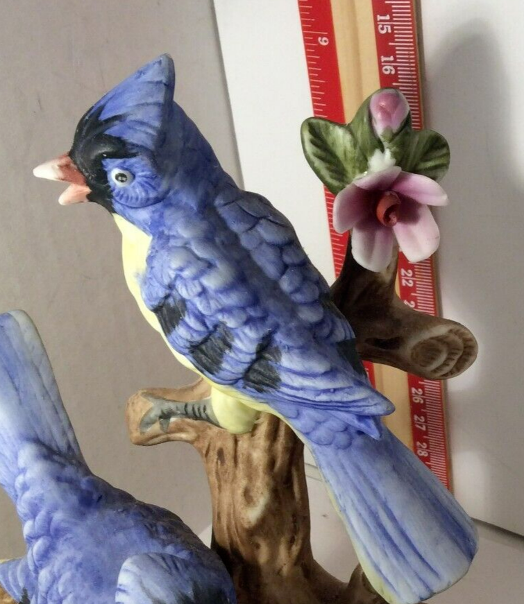 Flambro Blue Jay Pair Bird Ceramic Bisque Figurine in Tree with flowers Vintage 