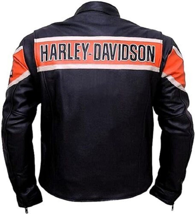 Pre-owned Harley-davidson Men's Hd Real Genuine Cowhide Biker Leather Jacket Harley Davidson Jacket In Black & Orange
