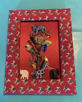 FRAMED JEWELRY Wall ART OOAK Recycle Upcycle Vintage Africa Animals Nature Red