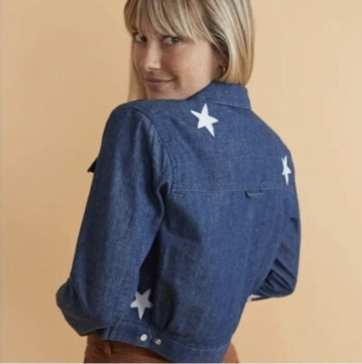 NWT Marine Layer Embroidered Cropped Jacket in Medium Indigo Stars Blue White Sm