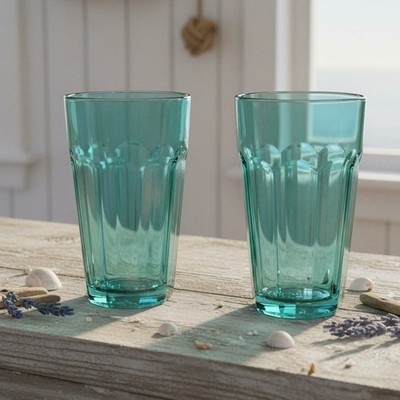 Pasabahce Teal Paneled Tumblers, Set of 2, Vintage Water Glasses, Drinkware