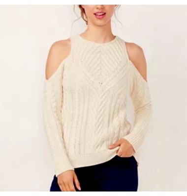 NWT Lauren Conrad cold shoulder beaded sweater large cream cable knit cozy