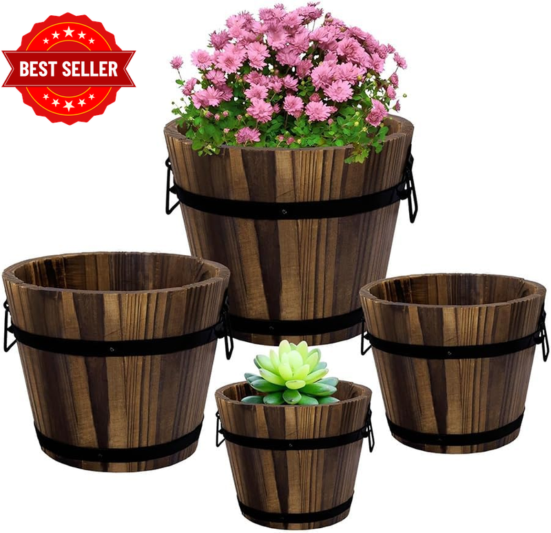 Wooden Barrel Plant Pots Set: Rustic Whisky Style Flower Containers for Indoor &