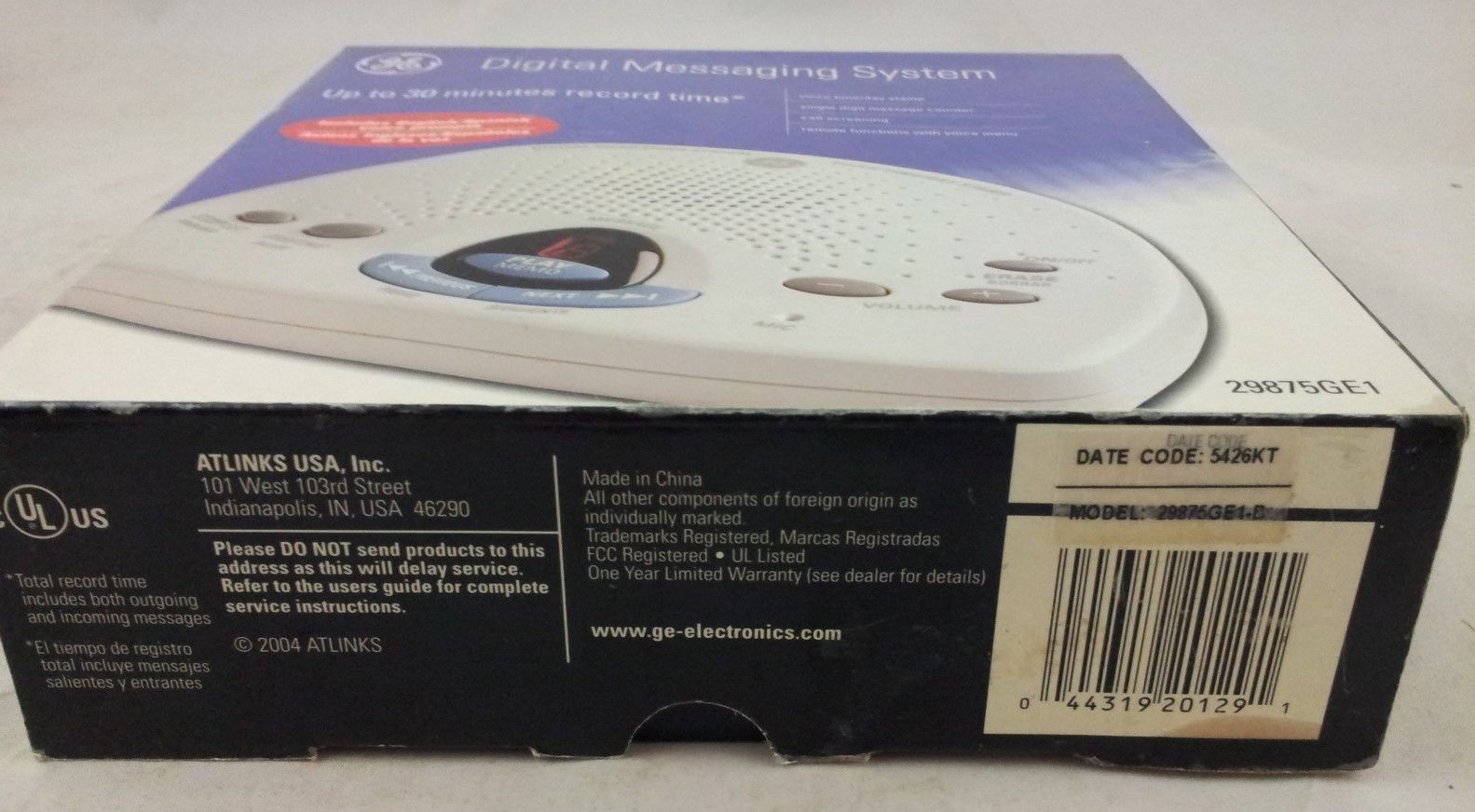 Answering Machine GE Digital Messaging System Atlinks 29875GE1 English Spanish