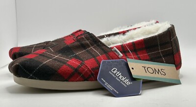 TOMS Red Tartan Printed Felt / Faux Fur Alpargata Slip On Shoes Sz 6 Women NWT
