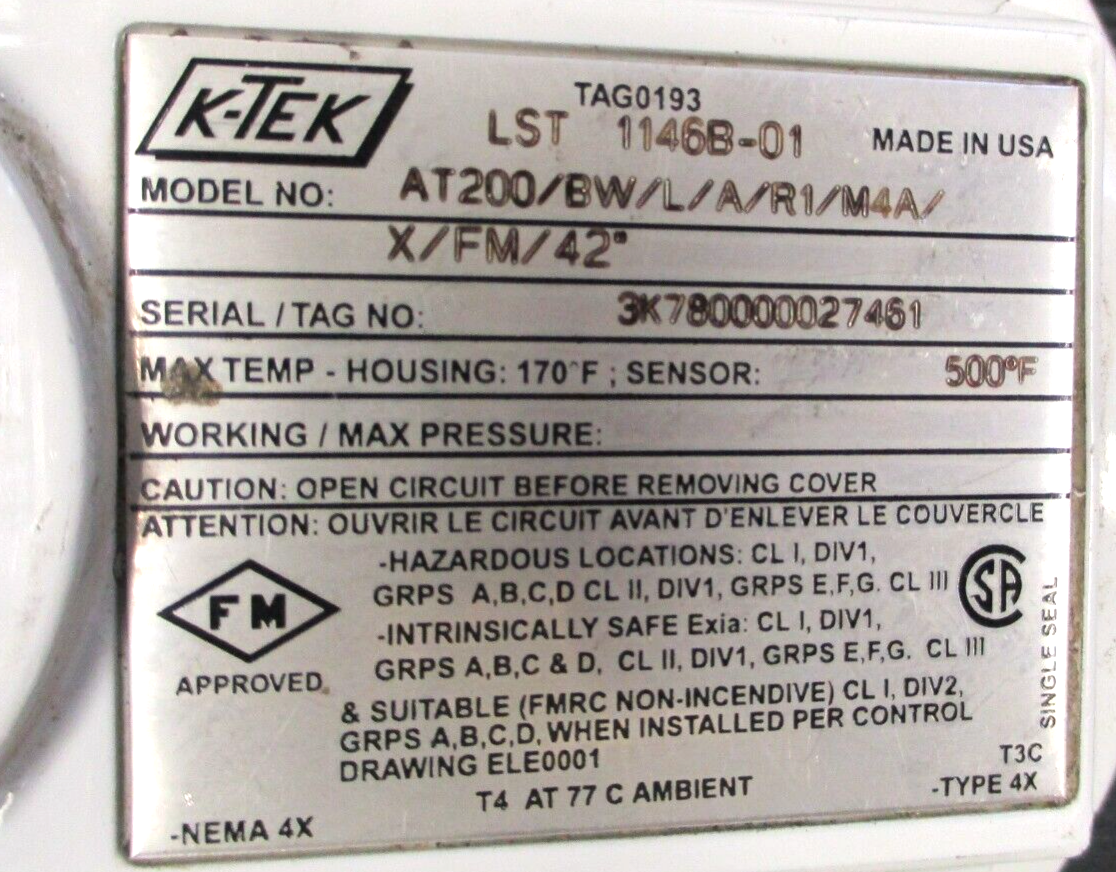 K-TEK , AT200/BW/L/A/R1/M4A/X/FM/42* , MAGETOSTRICTIVE ,500*F , 48" PROBE , USED