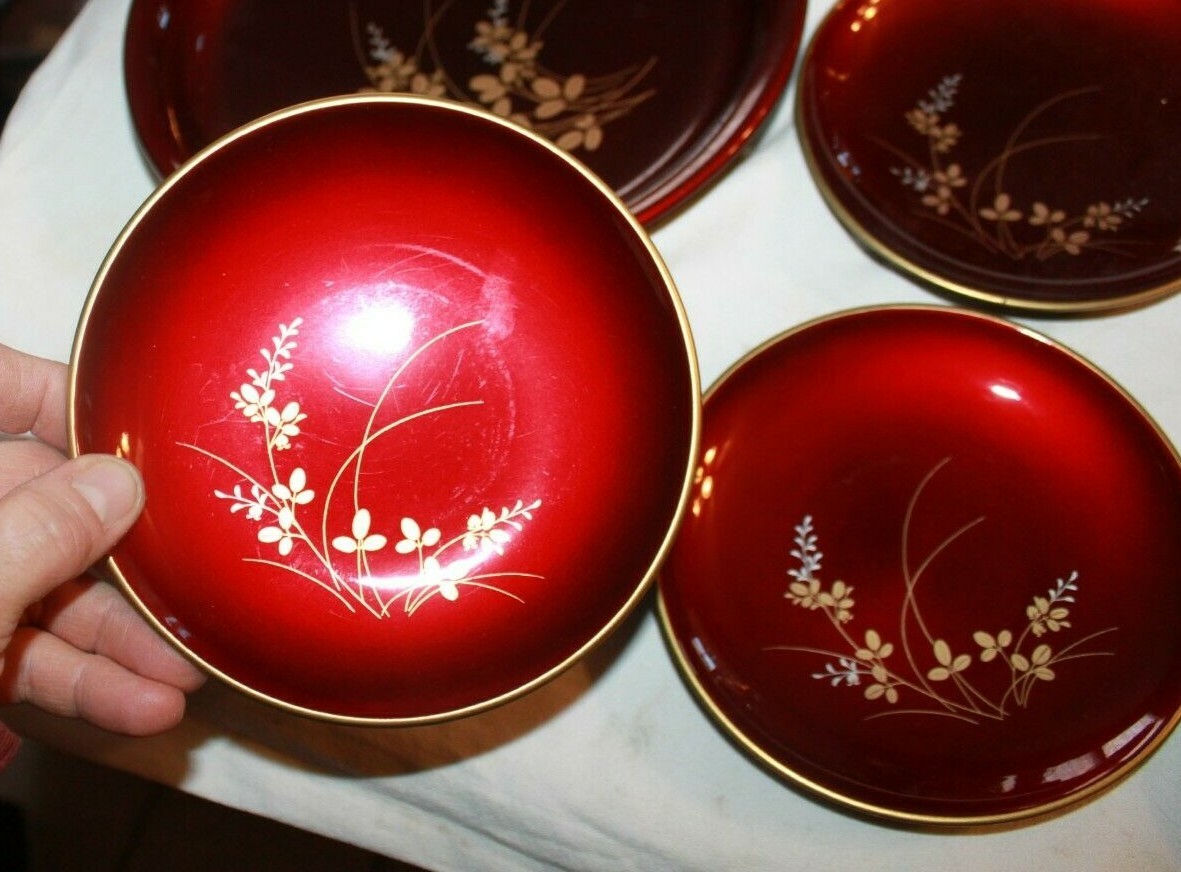 Japanese Vintage lacquer ware 6 Piece bowl set red black gold floral Tamamushi