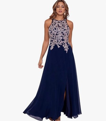 Pre-owned Betsy & Adam Women's Long Chiffon Beaded Halter Dress, Navy, 10p In Blue