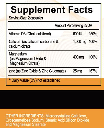Zinc Calcium Magnesium & Vitamin D Complex Supplement Bone Muscle Immune Support
